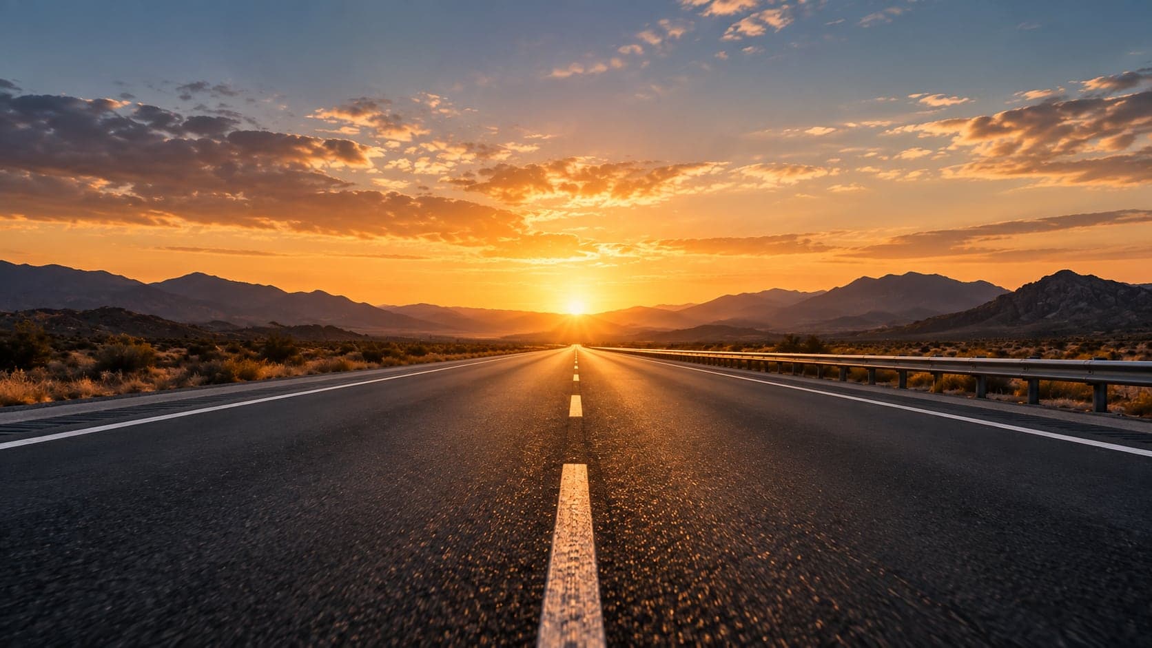 Empty American highway stretching toward a sunset horizon