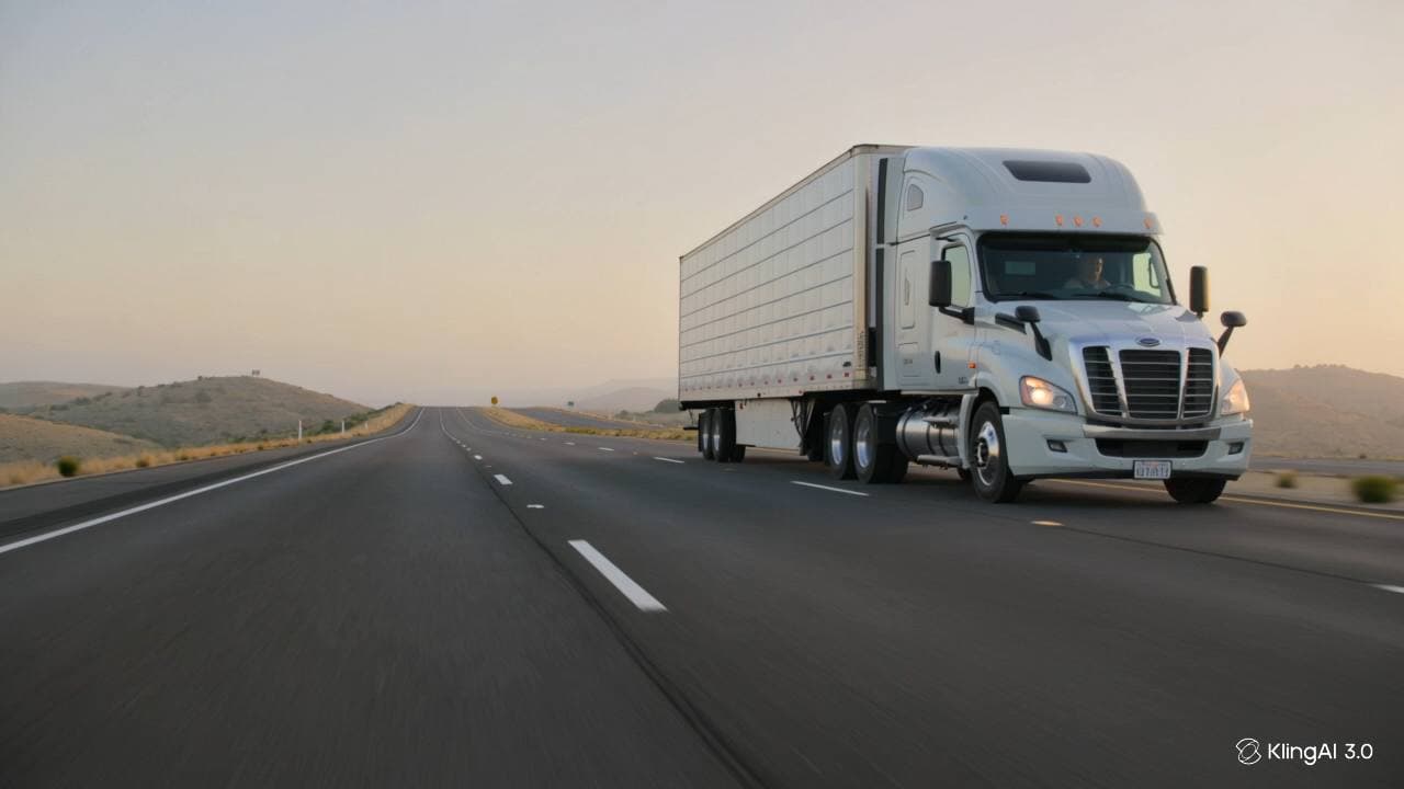 Semi truck on an open highway at dusk