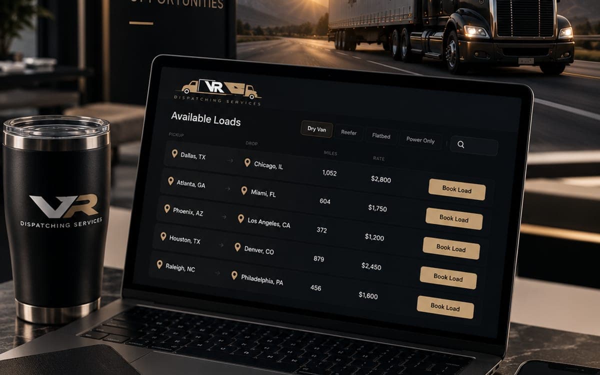 Vision Roads load board on a laptop showing available loads, lanes and rates