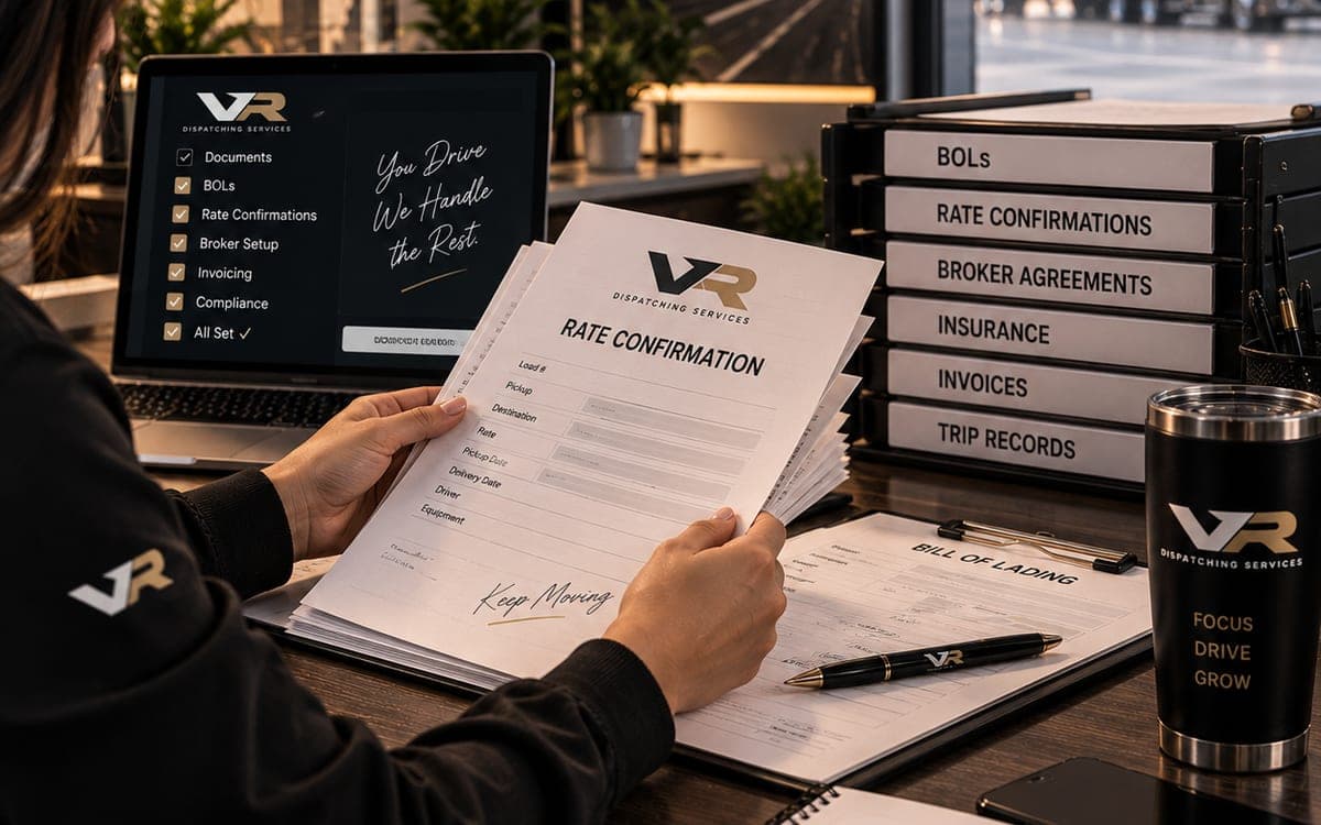 Vision Roads dispatcher reviewing a rate confirmation beside binders of BOLs, broker agreements and invoices