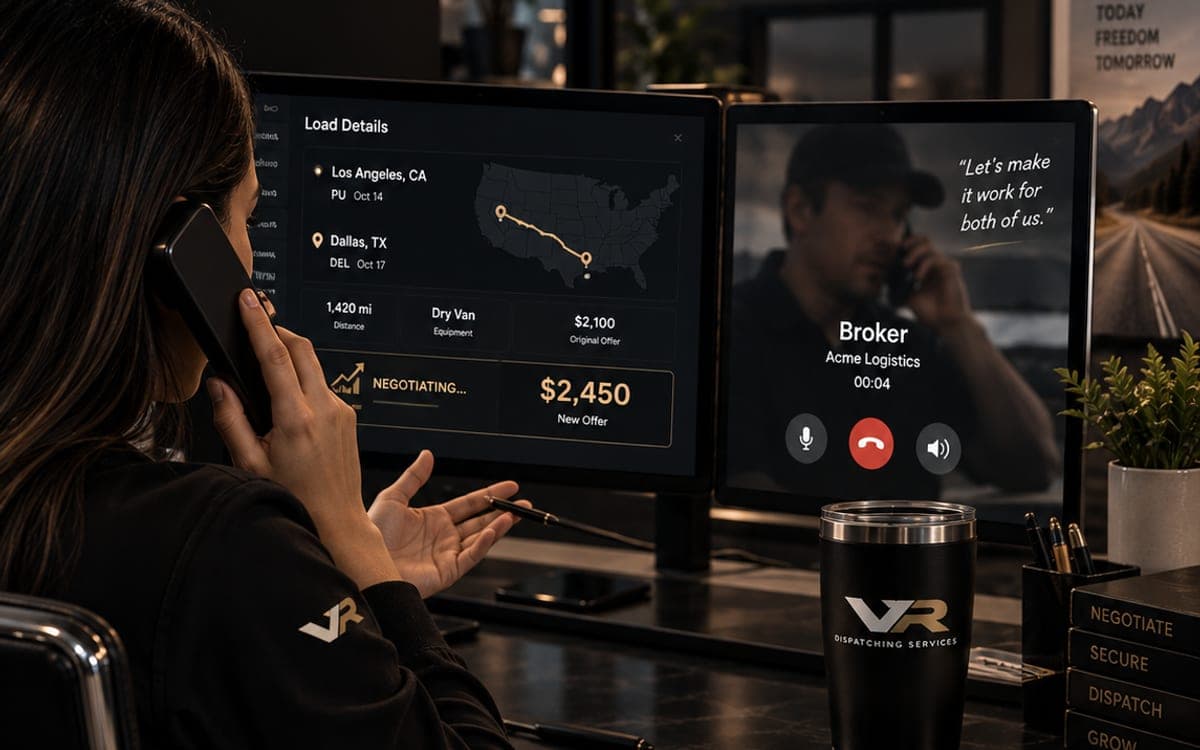 Vision Roads dispatcher on a call with a broker, negotiating a load from $2,100 up to $2,450