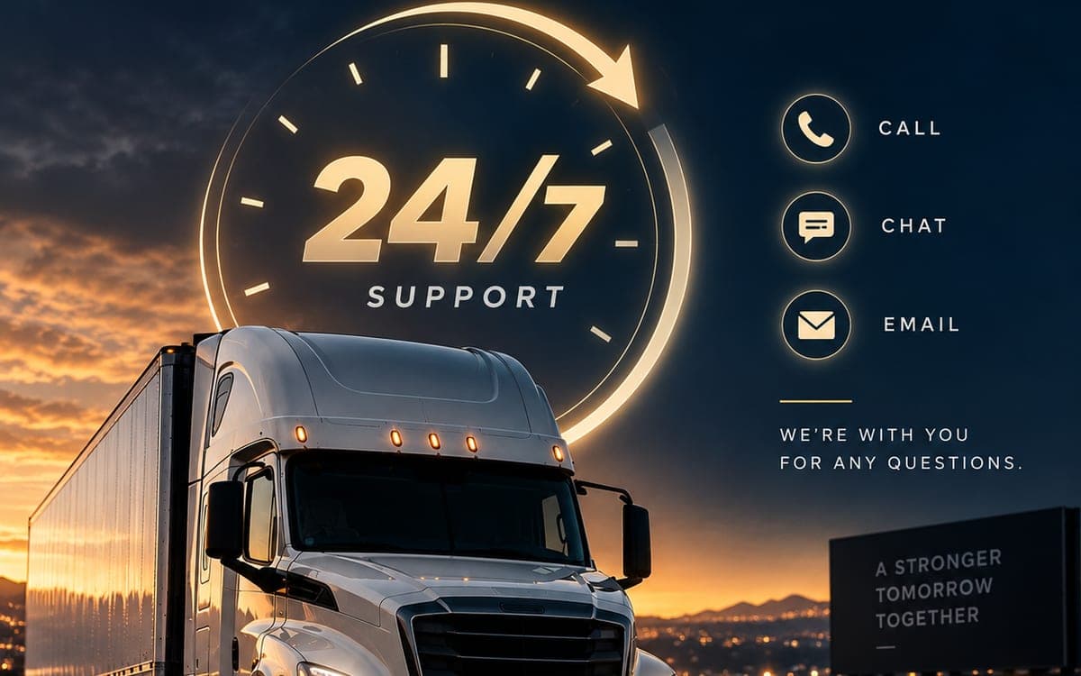 Vision Roads 24/7 support — call, chat or email, with a truck on the highway at dusk