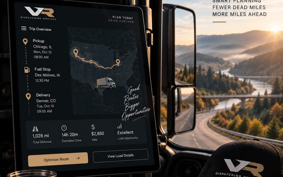 Vision Roads trip plan on an in-cab tablet showing pickup, fuel stop, delivery and route stats