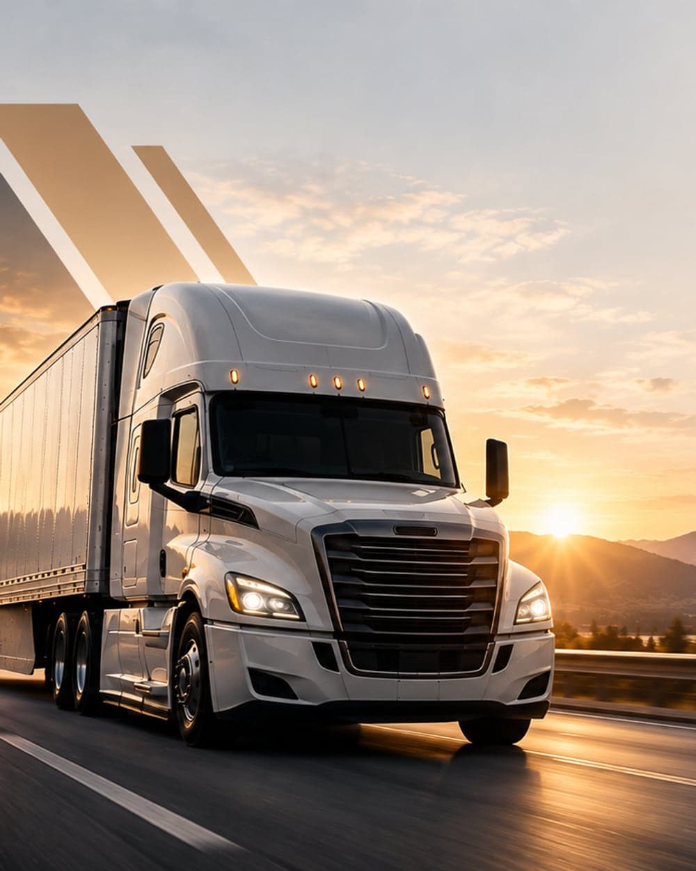 Vision Roads semi truck on a mountain highway at sunrise